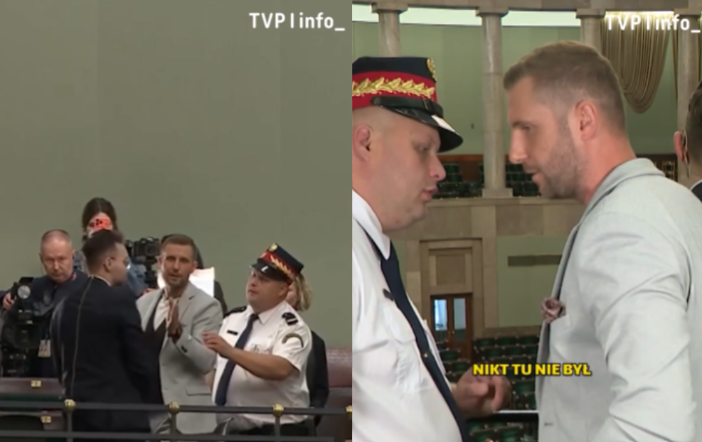 Miłosz Kłeczek wepchnął się w wywiad TVP w Sejmie. Wyprowadziła go Straż Marszałkowska Zdjęcie wpisu