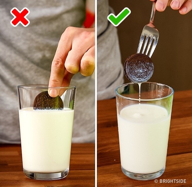 Bonus: Aby zanurzyć całe ciastko w mleku, bez brudzenia palców, użyj widelca.