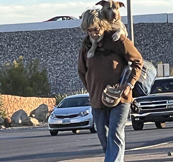 "Bezdomny mężczyzna w Las Vegas zawsze nosi swojego psa na plecach."