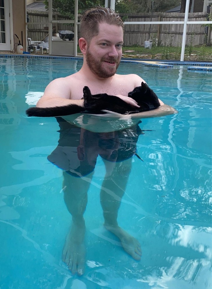 "Můj přítel si myslel, že by bylo zábavné vzít naši kočku do bazénu. Tato fotografie ukazuje výsledek."