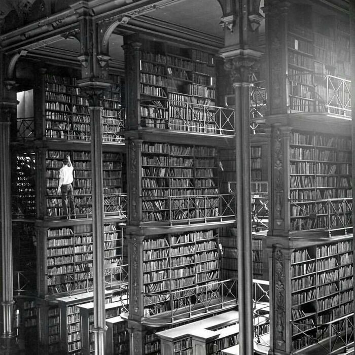 Mężczyzna przeglądający książki w publicznej bibliotece Cincinnati. Została ona zburzona w 1955 roku.