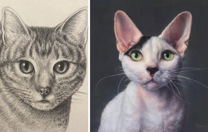 10. "Mój pierwszy rysunek kota vs jeden z niedawnych"