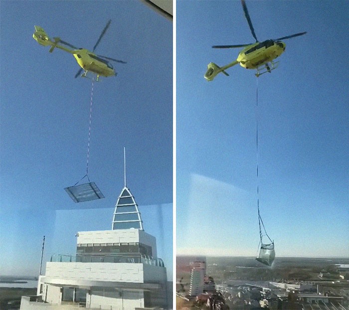 "Transport dużego szklanego panelu helikopterem"