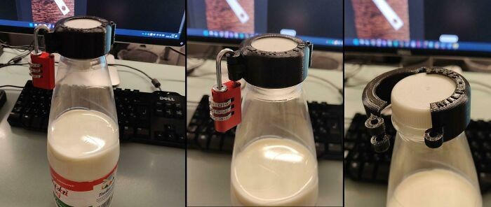 "Ktoś ciągle wypijał moje mleko z lodówki w biurze, więc wydrukowałam zamek na butelkę."