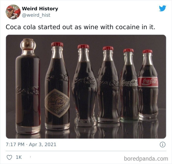 Coca Cola rozpoczynała swoją działalność jako wino z dodatkiem kokainy.