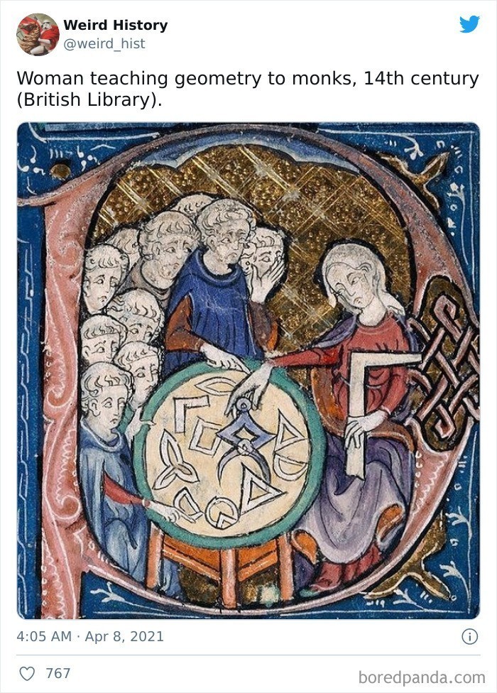 Kobieta ucząca mnichów geometrii, 14 wiek (Biblioteka Brytyjska)