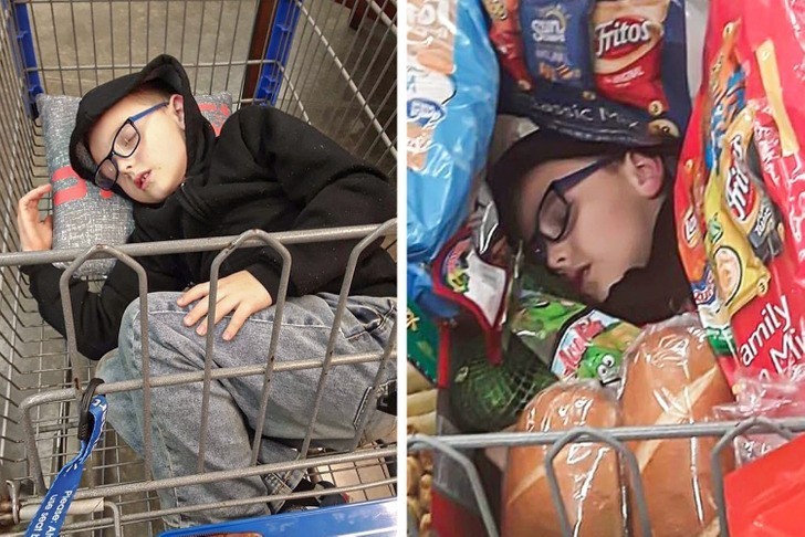 2. "Mój 6-letni brat zasnął w wózku sklepowym. Mama nie chciała go budzić, więc ułożyła zakupy wokół niego."