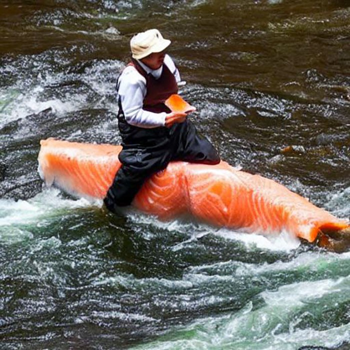 Wędkarz łapiący łososia w rzece