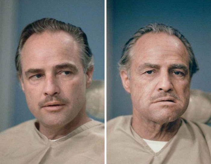 Marlon Brando przed i po nałożeniu makijażu do roli Dona Corleone w "Ojcu chrzestnym"