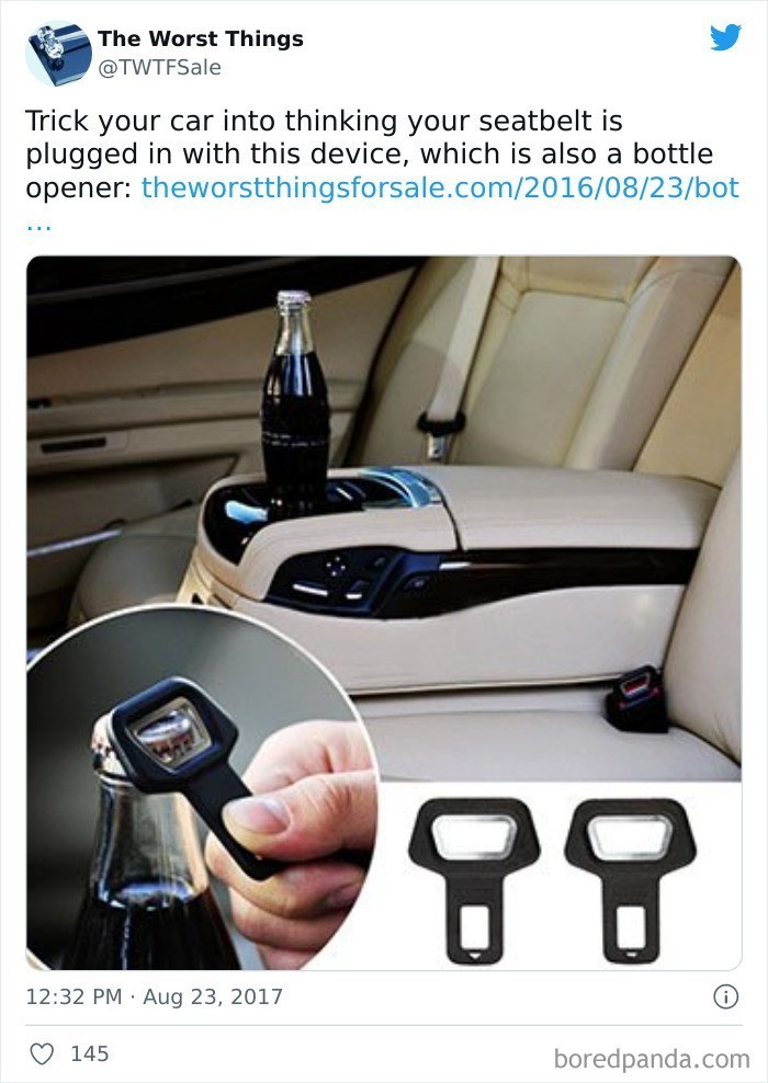 "Spraw, by twoje auto myślało, że zapiąłeś pasy dzięki temu urządzeniu, które służy też jako otwieracz do butelek."