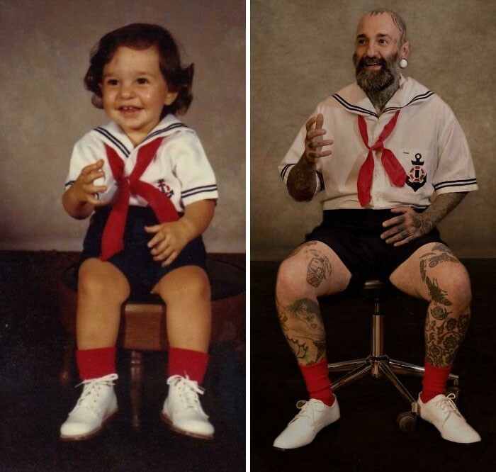 "Moja mama wykonała obie wersje tego stroju. Z lewej miałem 2 lata, z prawej 39."