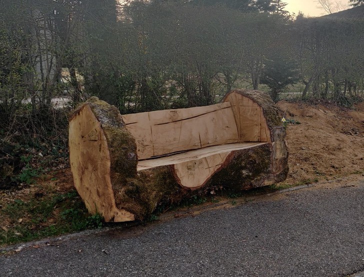 "Ławka wykonana z drzewa, które ścięto z uwagi na bezpieczeństwo na drodze"