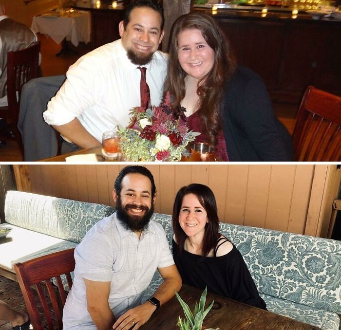 "Te zdjęcia zostały zrobione w tej samej restauracji w odstępie dwóch lat. Mąż zrzucił 40 kg, a ja 61."