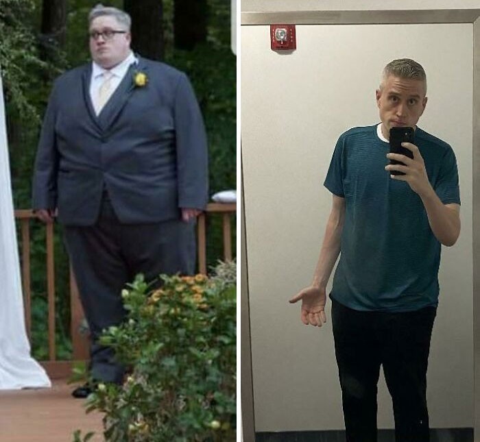 "Zdjęcie z lewej zostało zrobione 3 lata temu na ślubie mojego przyjaciela. Ważyłem blisko 275 kg. Dziś jest to niecałe 105."