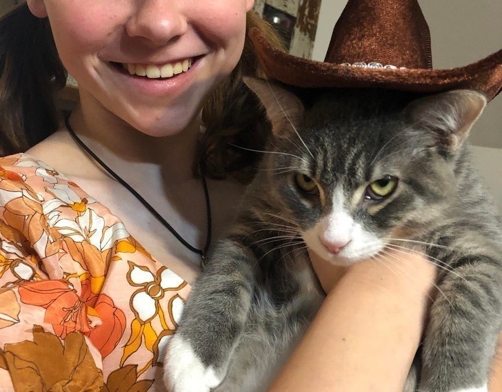 "Córka kupiła kotu nowy kapelusz. Tylko spójrzcie na tę podekscytowaną minę."