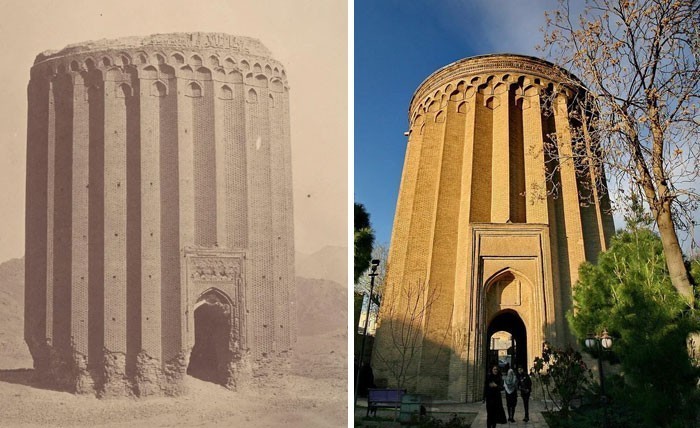 1000-letnia wieża Toghrol w mieście Rej, Iran, 1840 vs obecnie