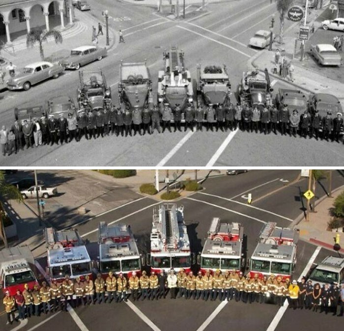 Grupowe zdjęcie strażaków z Redlands w Kalifornii, 1958 vs 2012