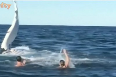 Para kąpie się w morzu kiedy nagle ten olbrzym wynurza się z głębin! Ależ im zazdroszczę  tej adrenaliny!