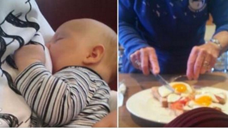 Mama karmi maluszka piersią w restauracji! Nagle starsza kobieta podchodzi i zaczyna kroić jej jedzenie!
