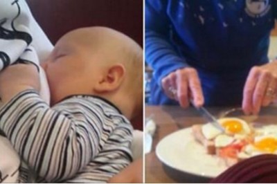 Mama karmi maluszka piersią w restauracji! Nagle starsza kobieta podchodzi  i zaczyna kroić jej jedzenie!