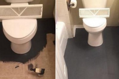 Nie mogła już patrzeć na stare płytki więc pomalowała podłogę na czarno! Gdy zobaczyłam efekt końcowy WOW!