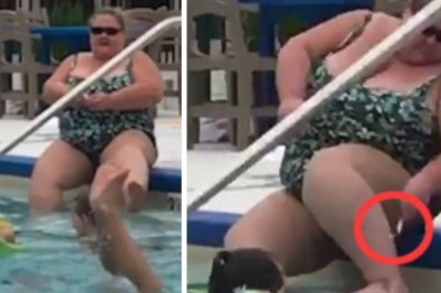 Kiedy all inclusive wejdzie za mocno. Kobieta goli nogi w hotelowym basenie z dziećmi 