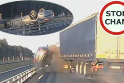 Dachowanie na A1 po staranowaniu przez TIRa. Nagranie z wideorejestratora