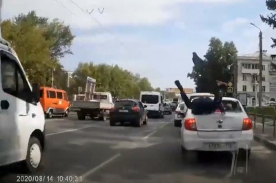 Ucieczka rowerzysty, który wleciał w tylną szybę auta