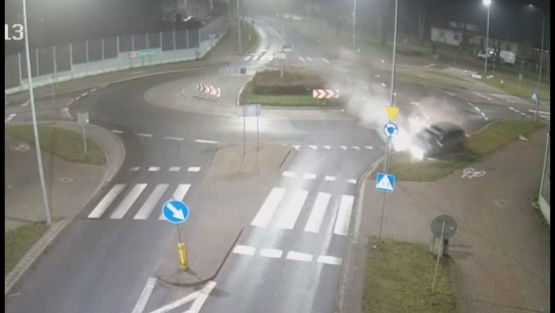 Piękny lot przez rondo w Człuchowie kierowcy na gazie