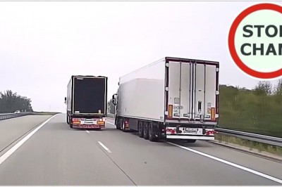 Spychanie i zajeżdżanie drogi, czyli wyścig ciężarówek na autostradzie 