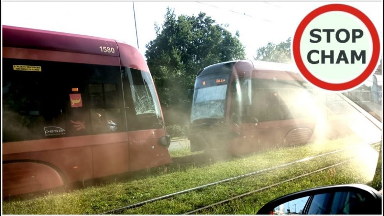 Nagranie ze zderzenia się dwóch tramwajów w Łodzi