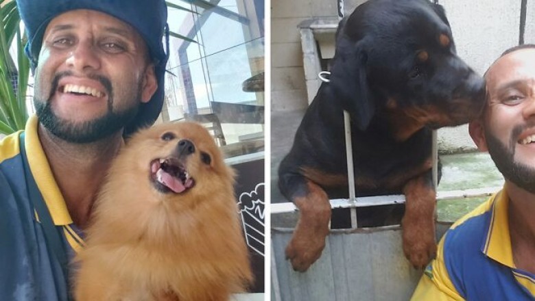 Ten listonosz robi  zdjęcia z psami, które spotyka doręczając listy