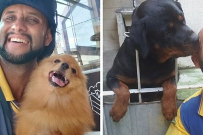 Ten listonosz robi  zdjęcia z psami, które spotyka doręczając listy