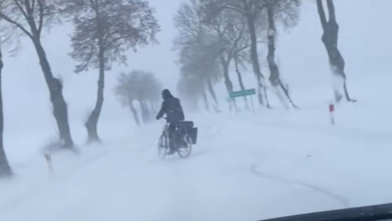 Twardy zawodnik na rowerze! Jemu zamieć śnieżna w niczym nie przeszkadza